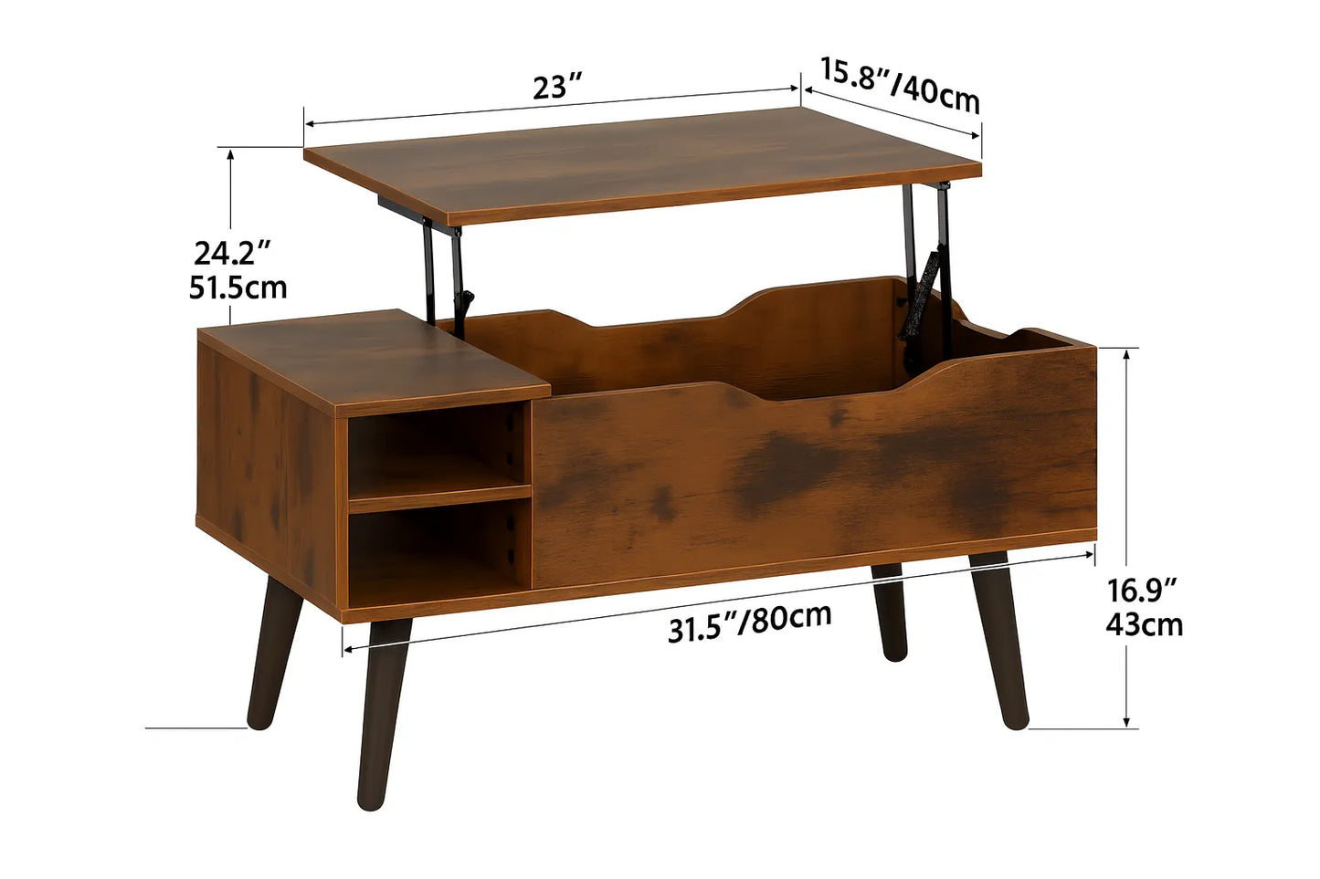 Wooden coffee table with storage compartments and dimensions labeled