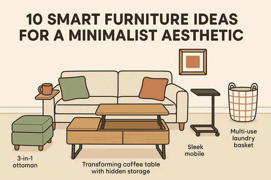 Cartoon minimalist living room with sofa, transforming coffee table, side table, and ottoman, with blog title text overlay.