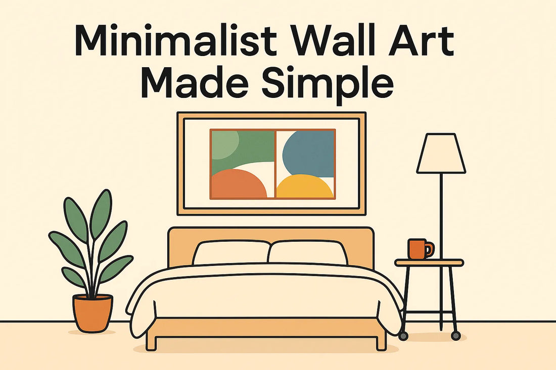 Colorful minimalist bedroom with abstract wall art, mobile side table, and blog title overlay.