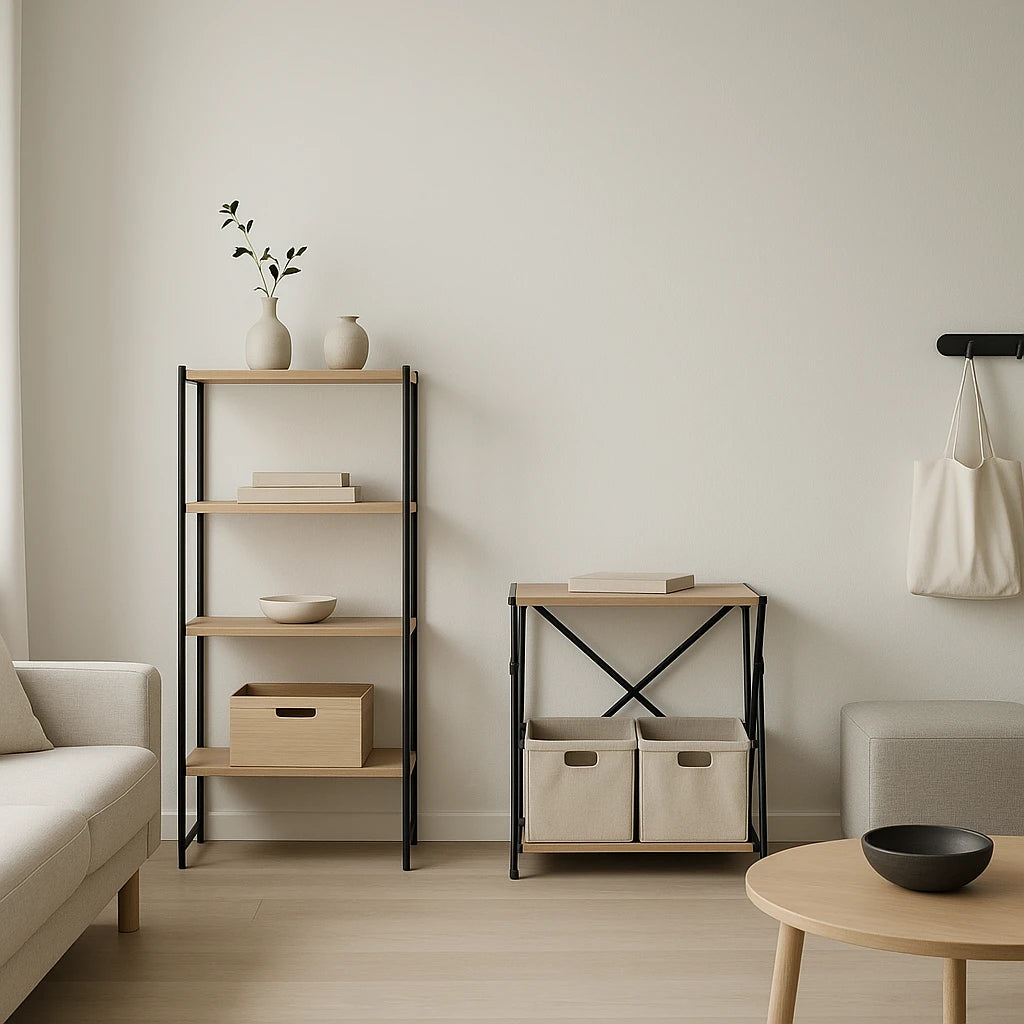 Minimalist modern apartment interior with smart storage furniture, clean lines, neutral colors, and compact shelving solutions for small urban spaces