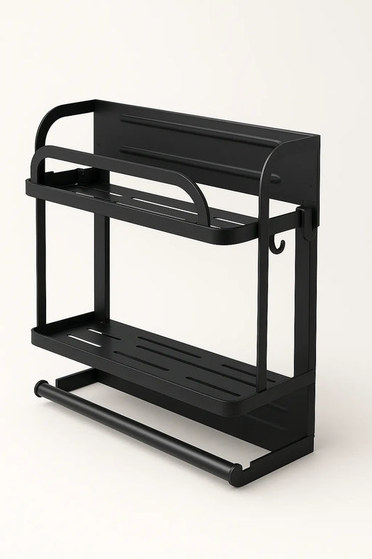 Black metal magazine rack on a white background