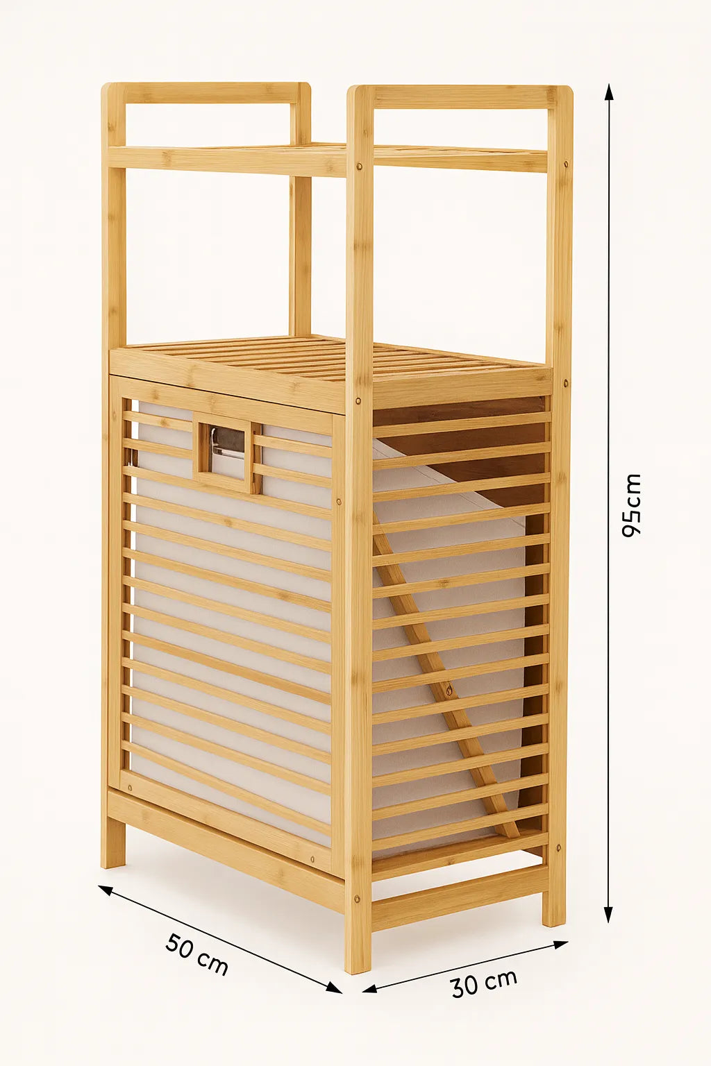 Bamboo laundry basket with dimensions on a white background