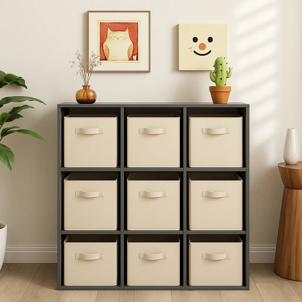 Storage unit with beige drawers in a room with decor elements like a plant and wall art.
