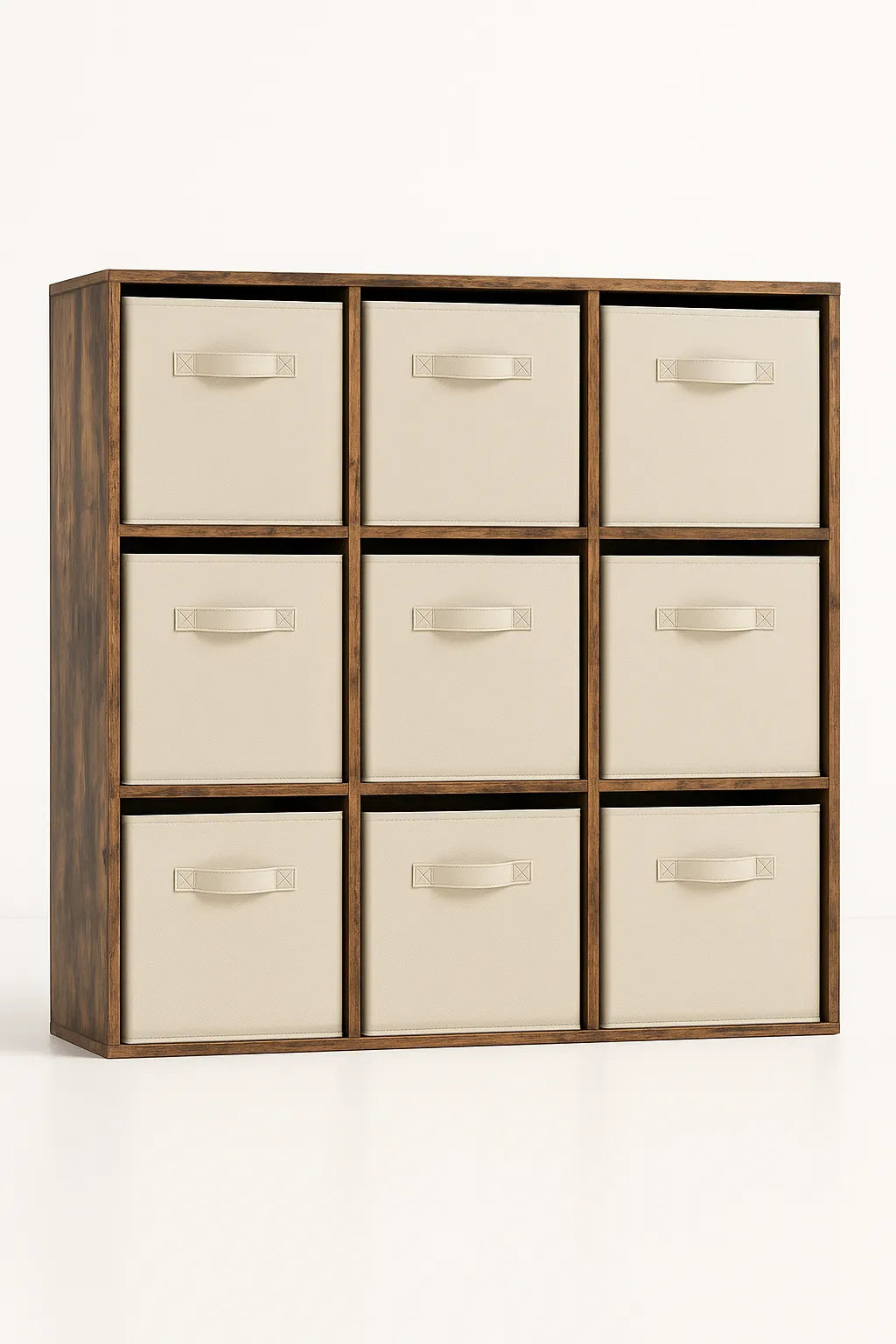 Wooden storage unit with beige drawers on a white background