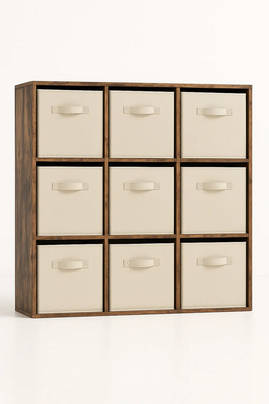 Wooden storage unit with beige drawers on a white background