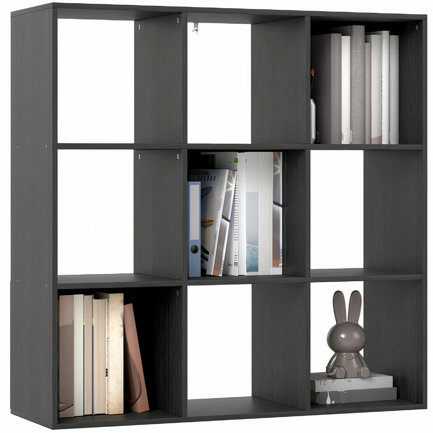 Black bookshelf with books and a rabbit figurine on white background