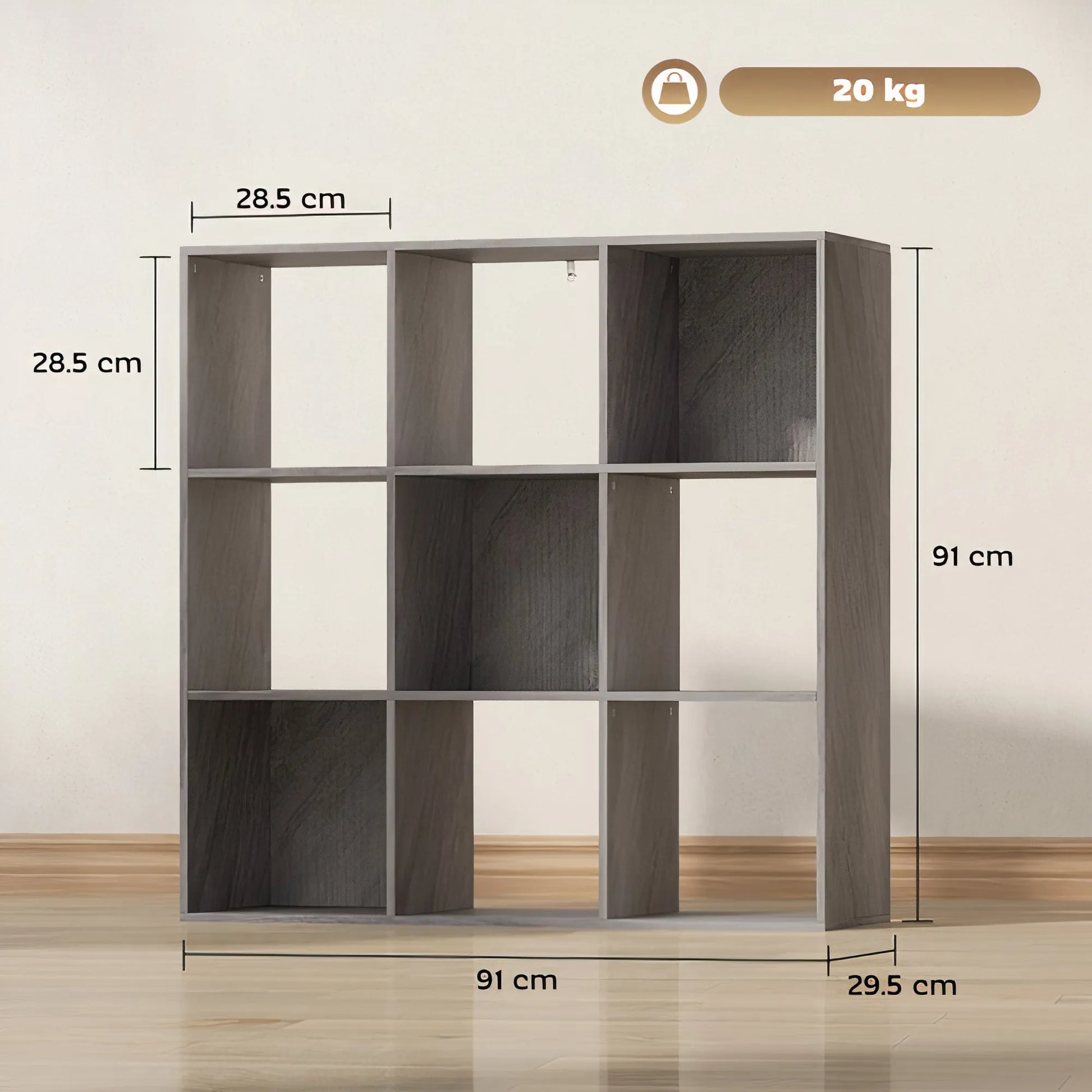 Wooden shelf with dimensions and weight capacity on a plain background