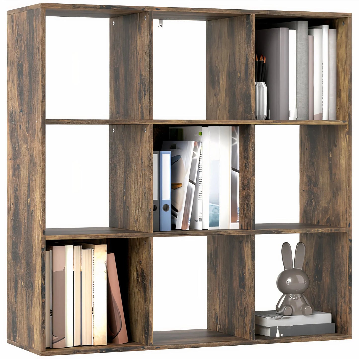 Wooden bookshelf with books and a decorative rabbit figure on a white background