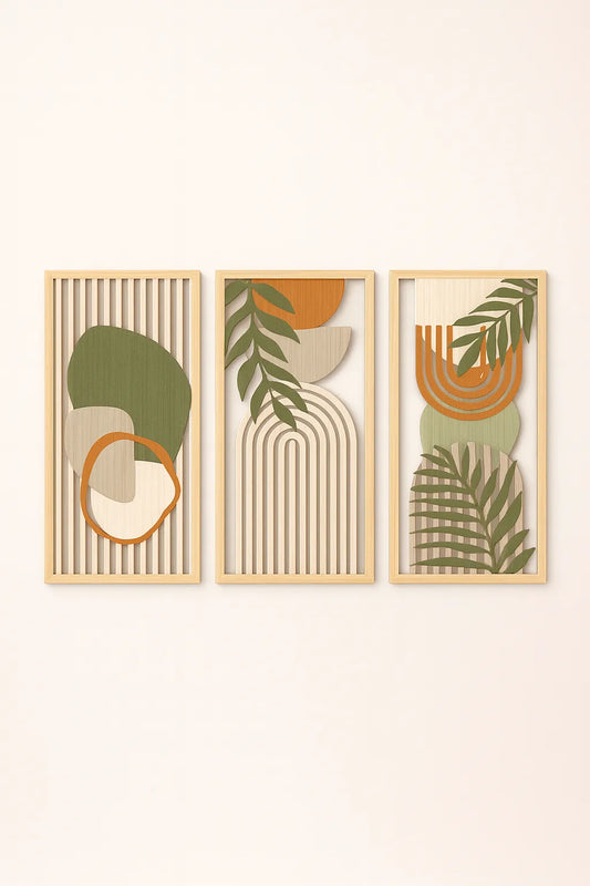 Three framed abstract artworks with geometric shapes and leaf patterns on a beige background