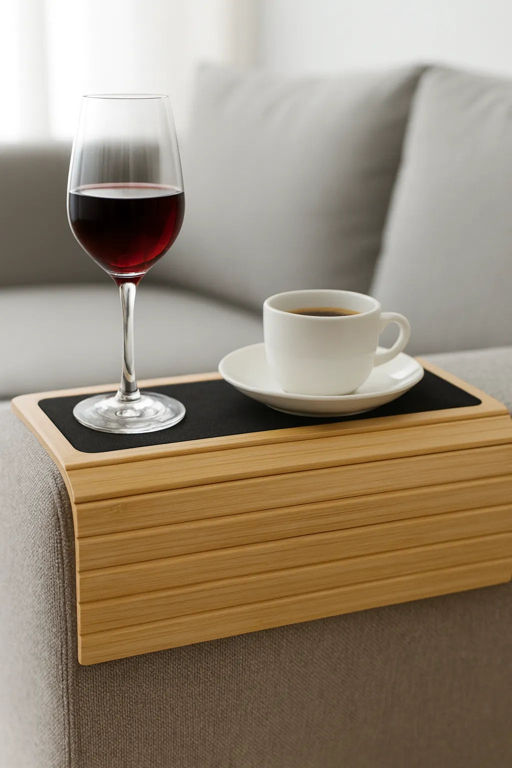 Wooden tray on a couch with a glass of red wine and a cup of coffee.