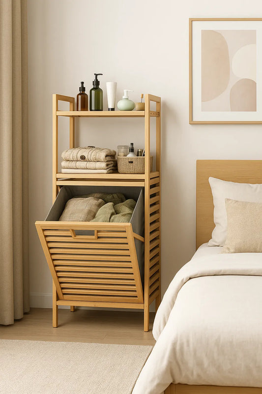 Wooden storage cabinet in a bedroom with bedding and decor items.