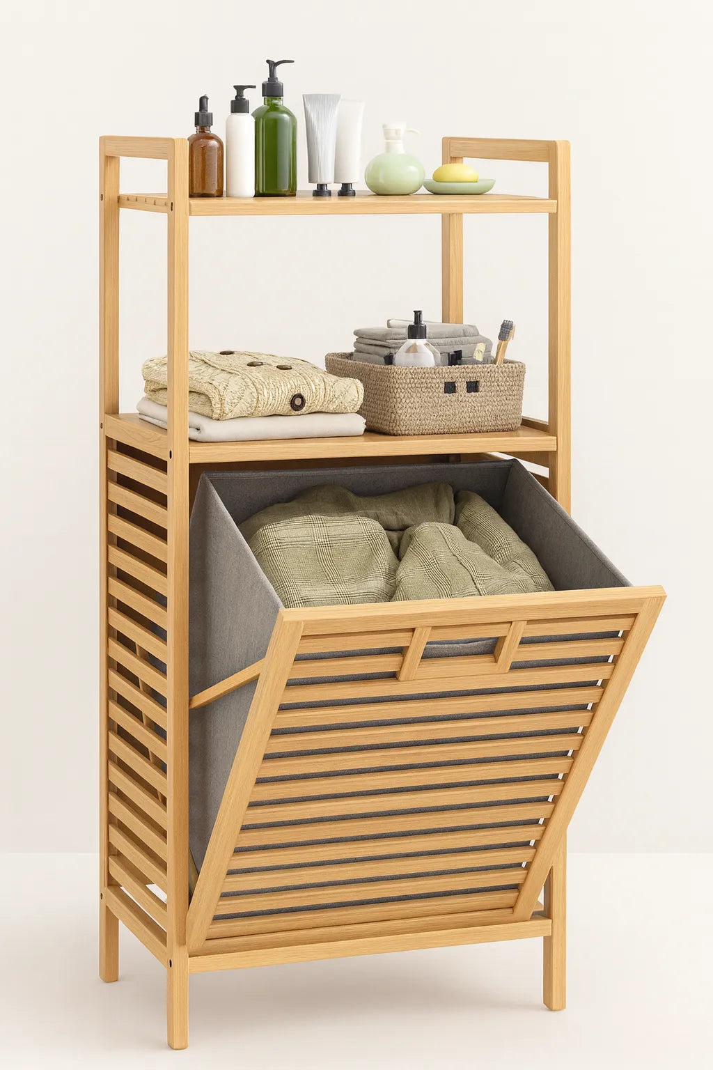 Bamboo storage cabinet with open drawer containing folded clothes, on a white background