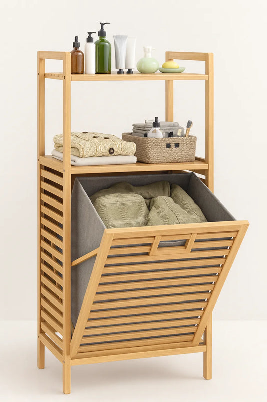 Bamboo storage cabinet with open drawer containing folded clothes, on a white background