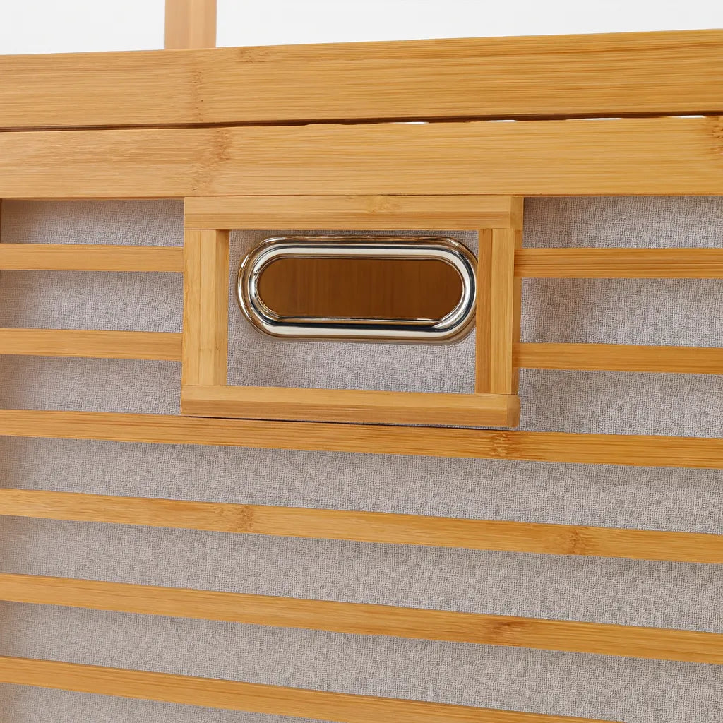 Close-up of a wooden frame with a metal handle on a beige background