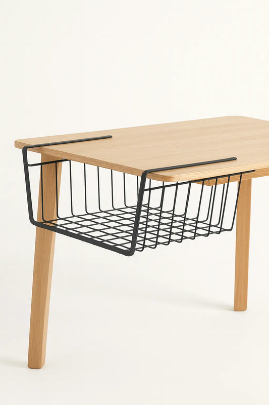 Wooden desk with a black metal basket attached to the side on a white background