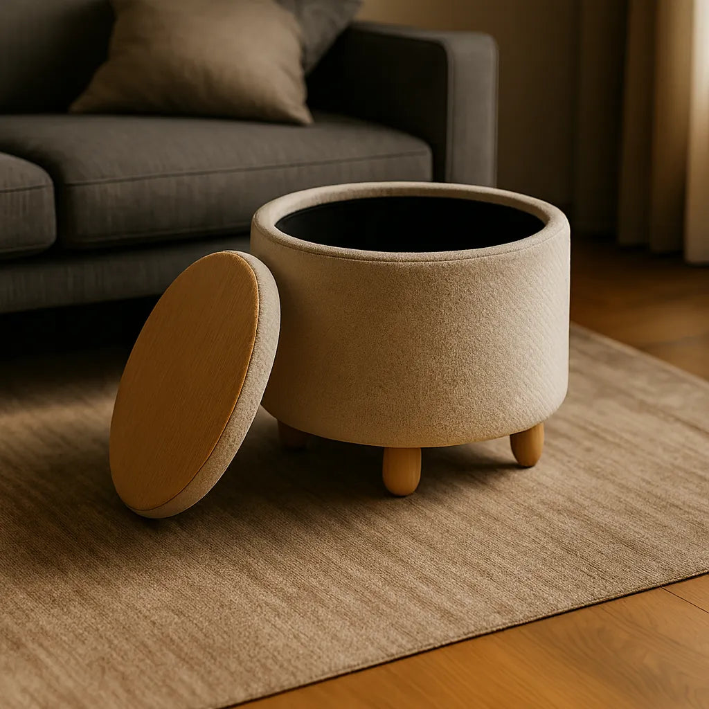 Round beige ottoman with a wooden lid in a living room setting