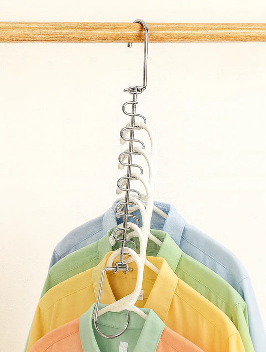 Stack of colorful shirts on a metal spiral hanger against a beige background
