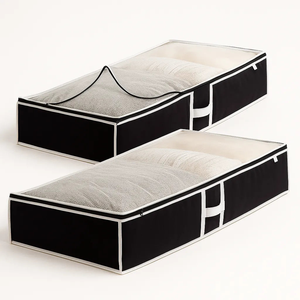 Two black and white storage boxes on a white background