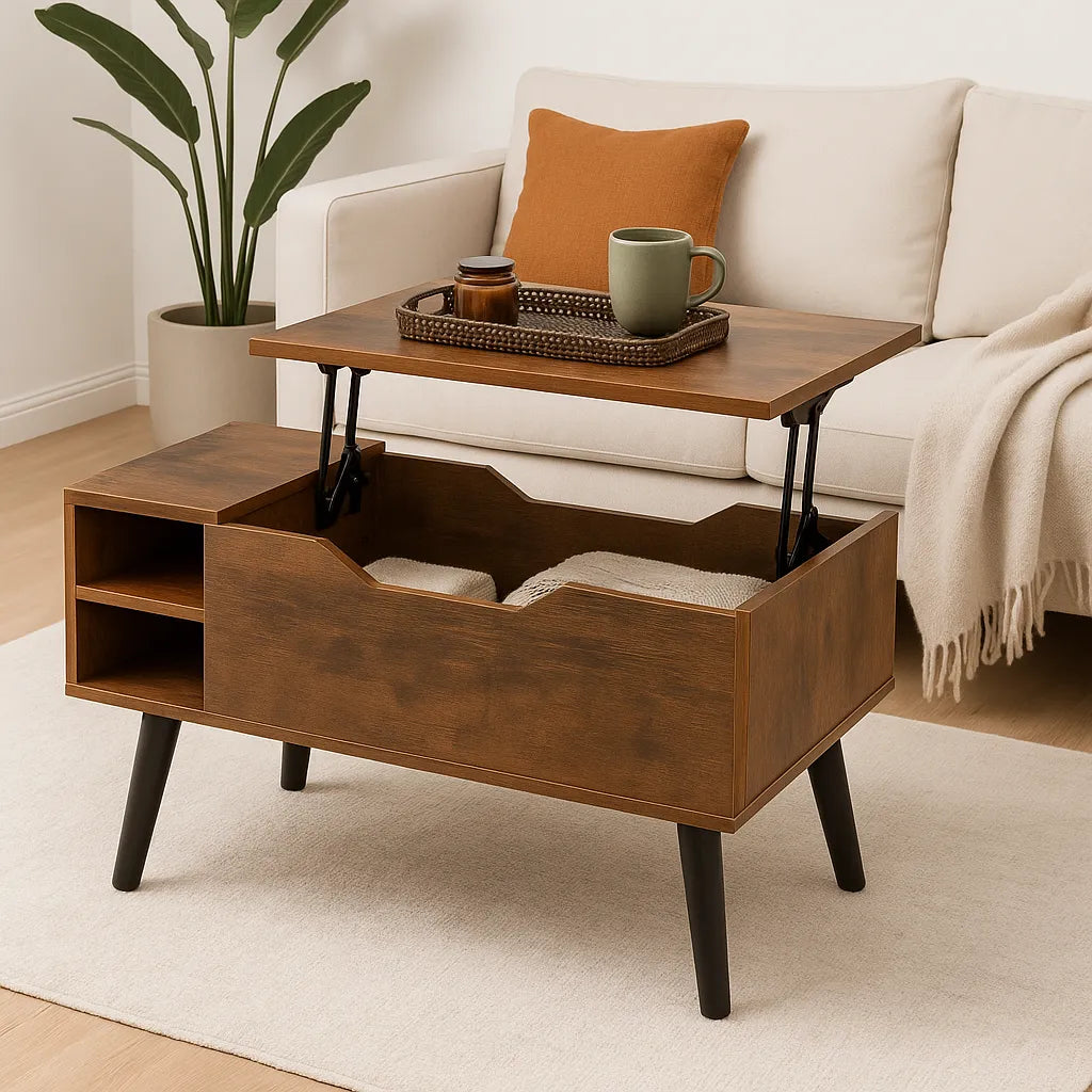 Wooden coffee table with storage compartments in a living room setting.