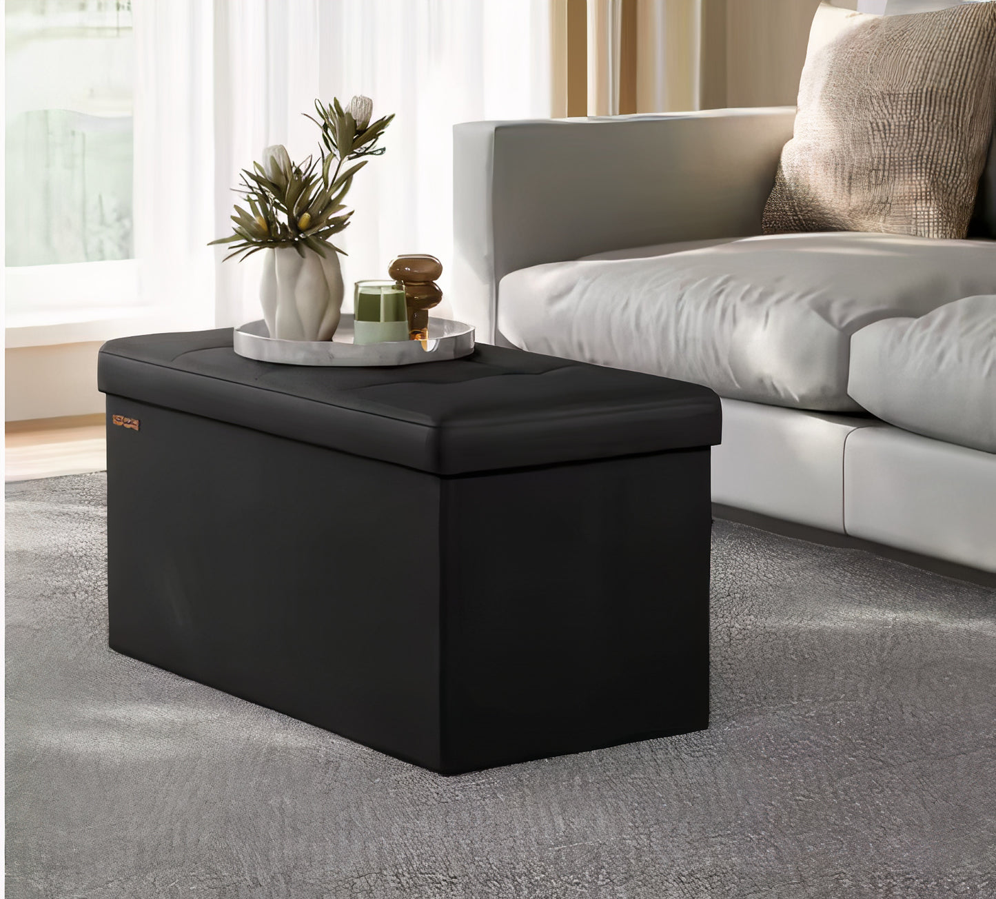 Black storage ottoman in a living room setting with a white sofa and decorative items.