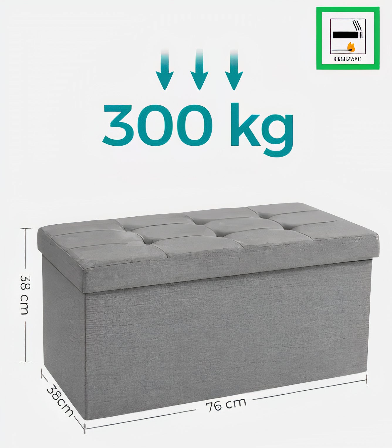 Gray storage bench with weight capacity of 300 kg and dimensions on a white background