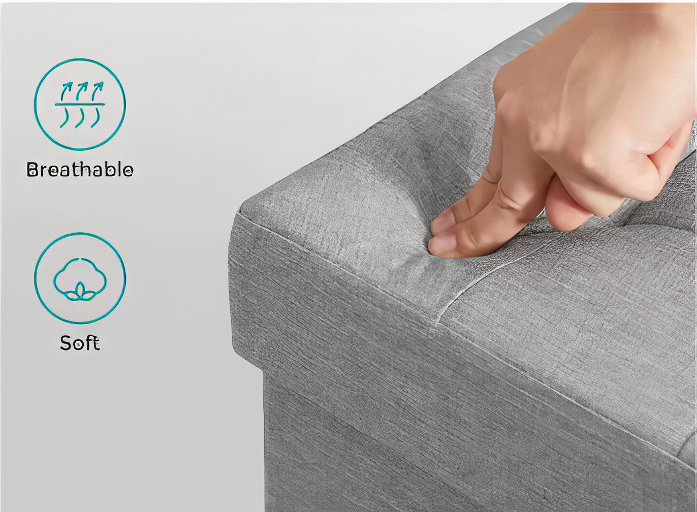 Gray fabric with a hand touching it, indicating breathability and softness.