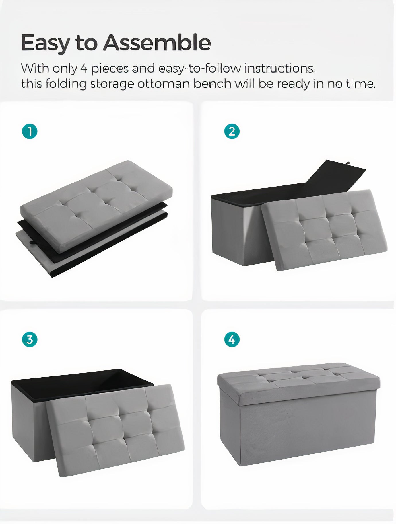 Step-by-step assembly of a gray folding storage ottoman bench with text indicating ease of assembly.