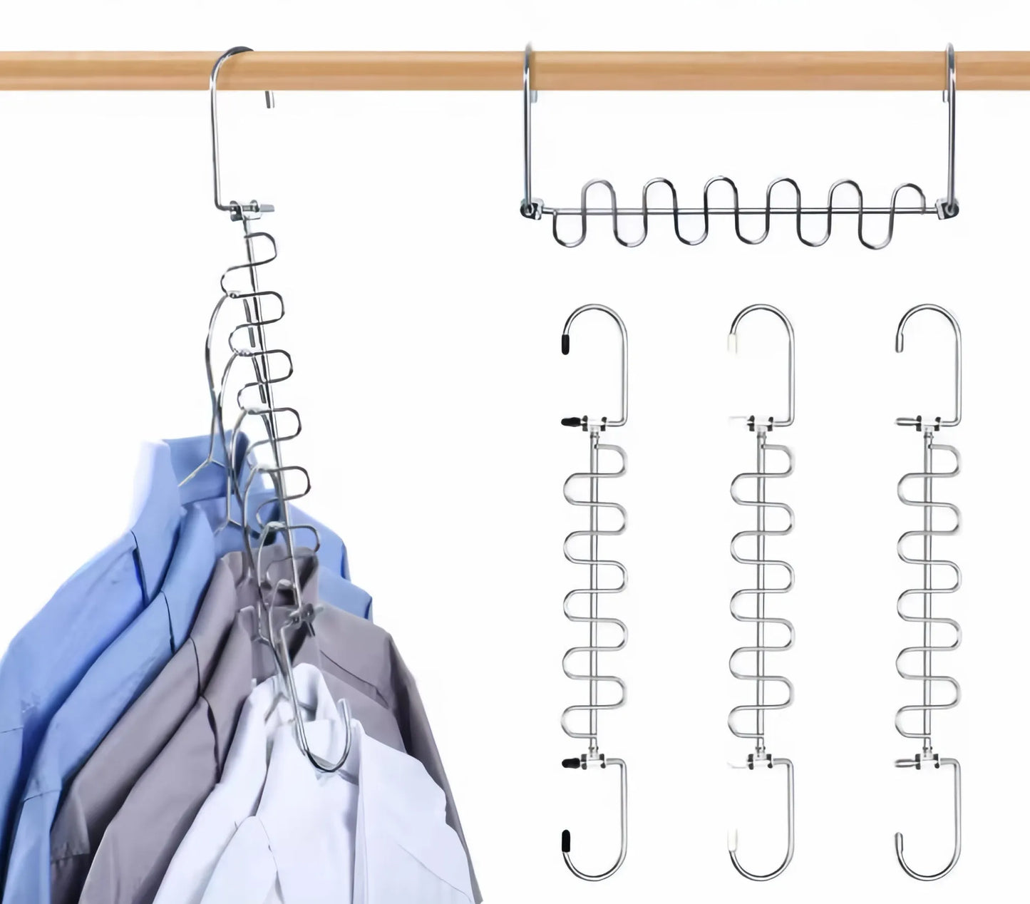 Metal spiral hangers on a wooden rod with clothes.