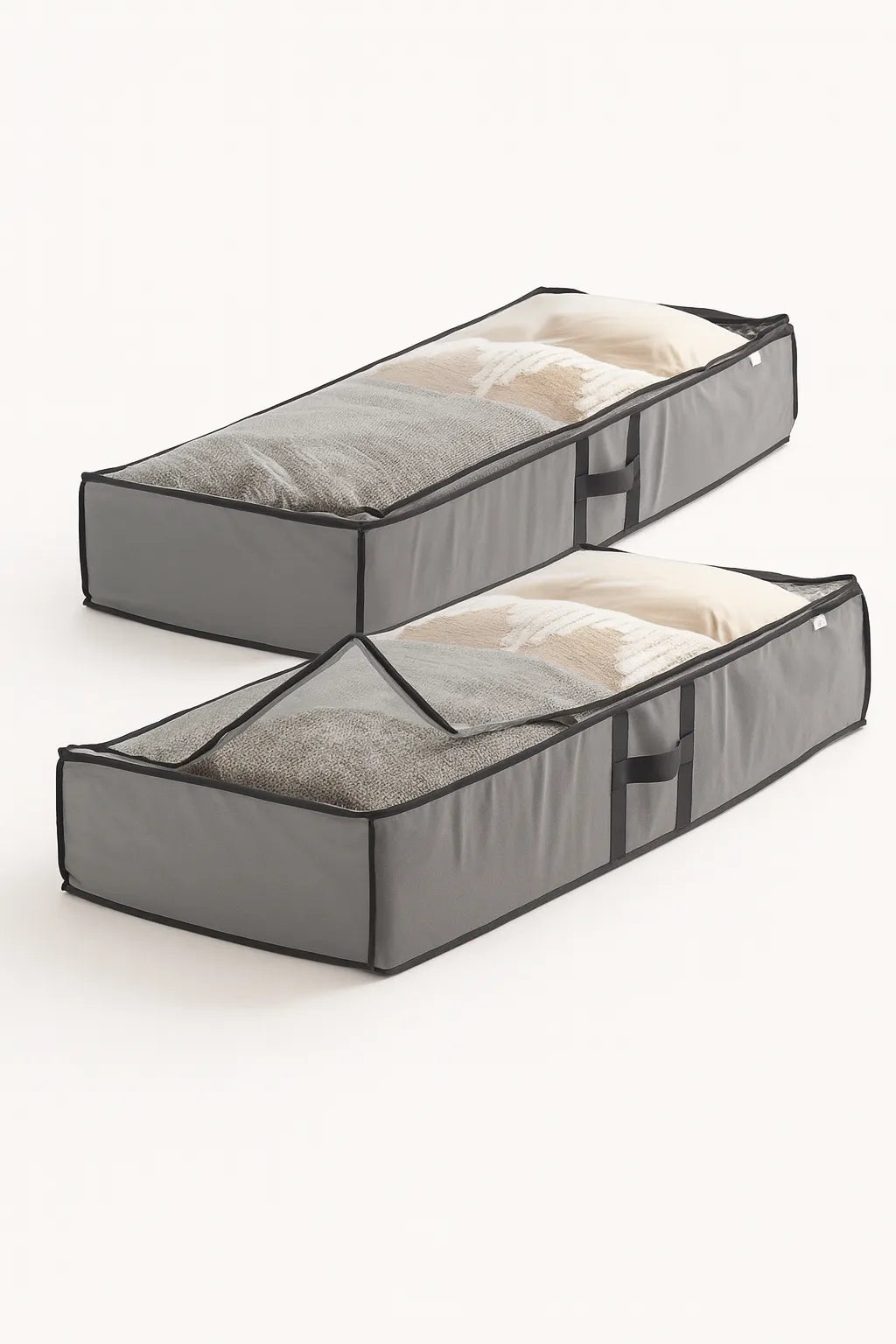 Two gray under-bed storage bags on a white background