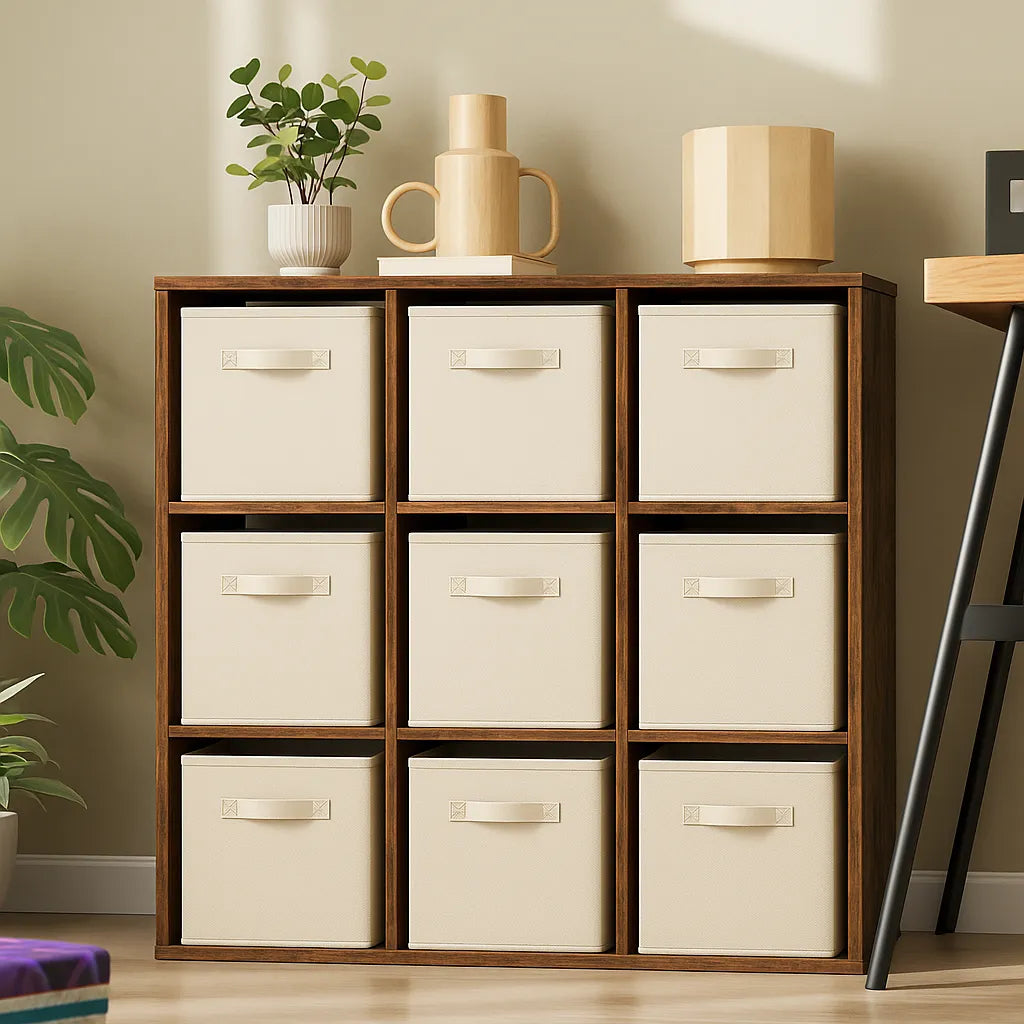 Wooden storage unit with white drawers in a room setting with plants and decor.
