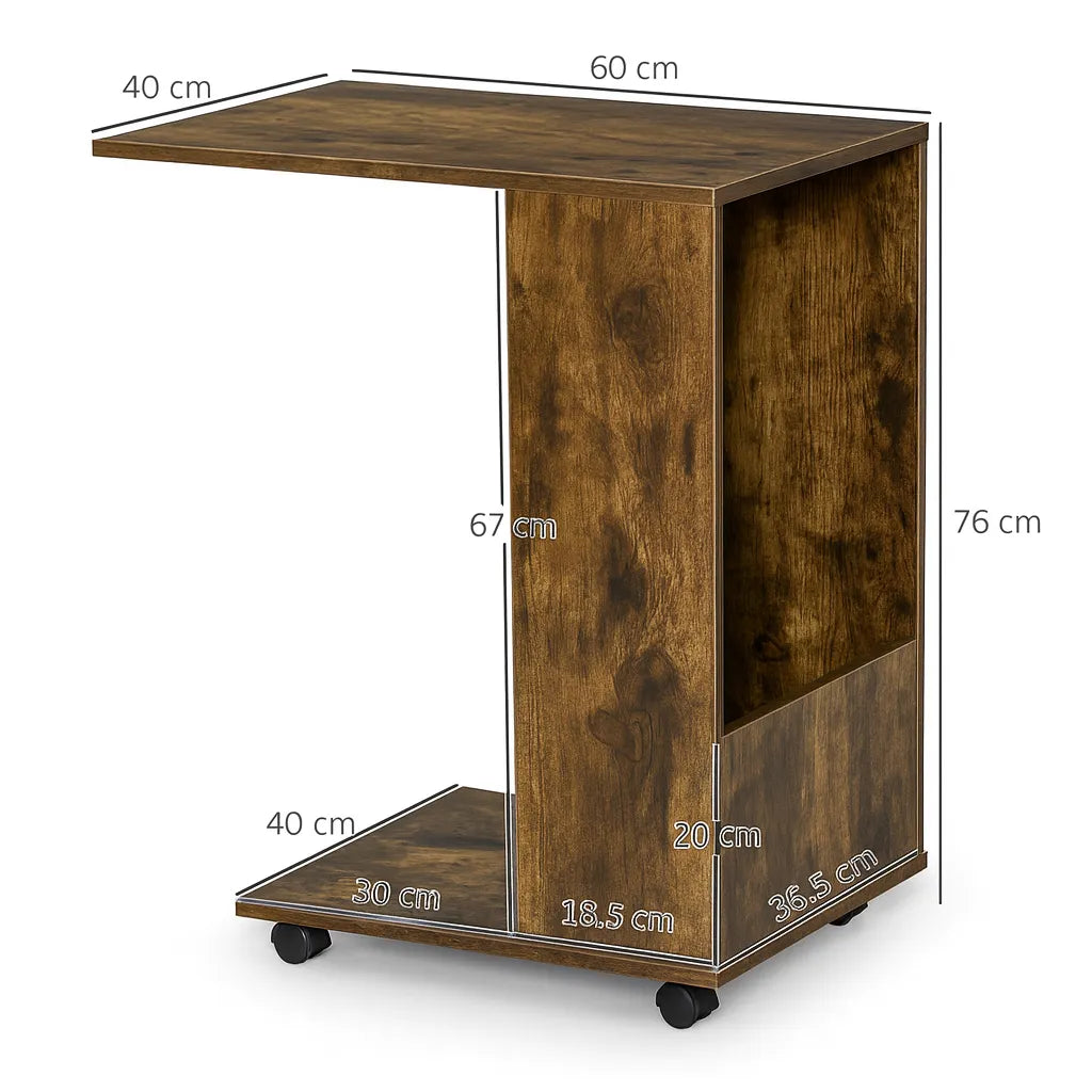 Wooden side table with dimensions labeled on a white background