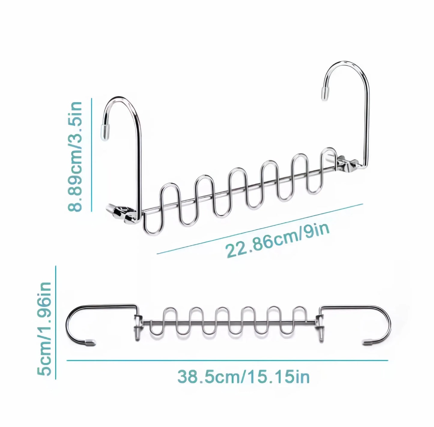 Metal spiral hook with dimensions labeled on a white background