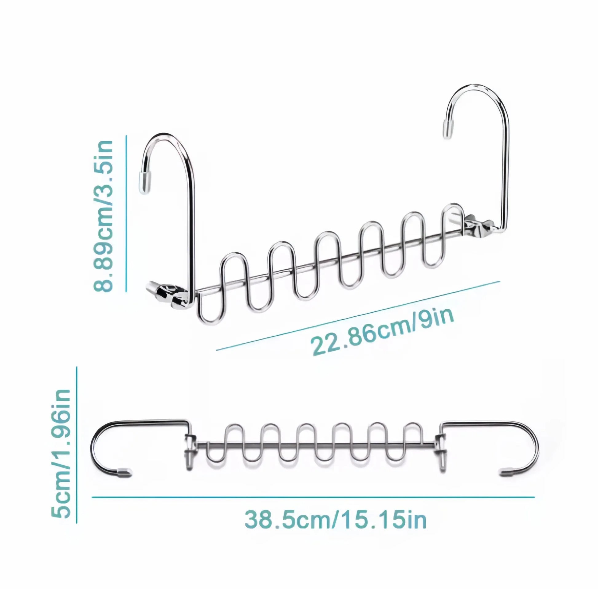 Metal spiral hook with dimensions labeled on a white background