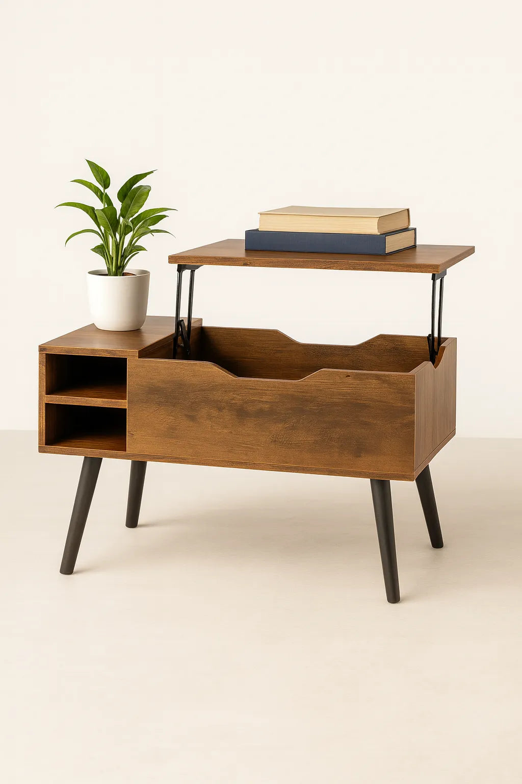 Wooden side table with lift-top design, plant, and books on a white background