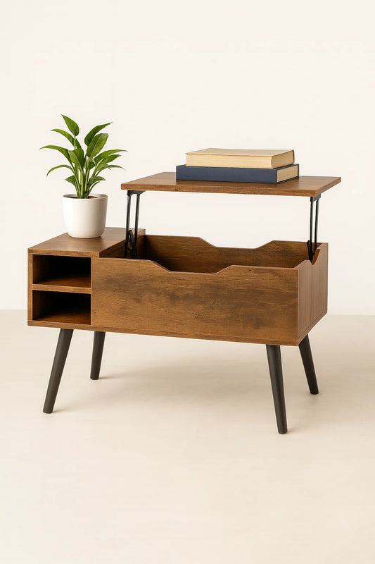 Wooden side table with lift-top design, plant, and books on a white background
