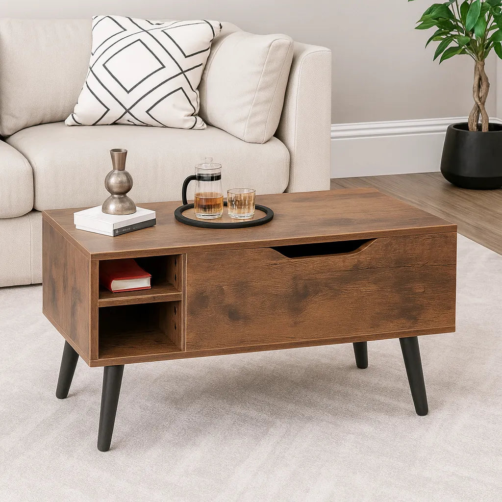 Wooden coffee table with decorative items in a living room setting