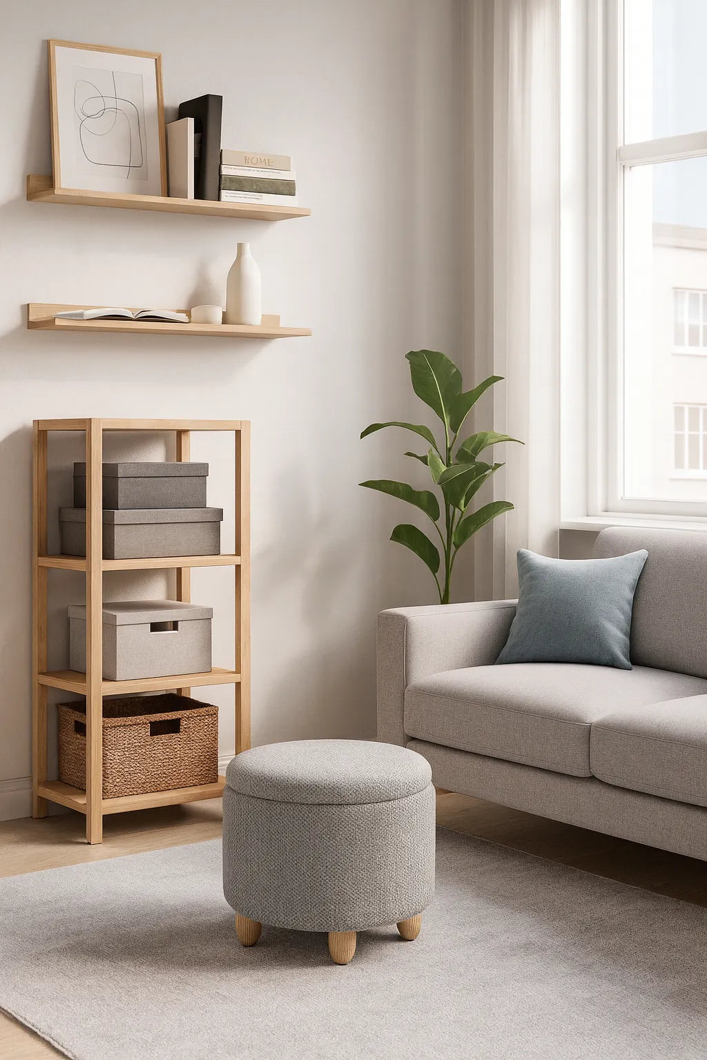 Modern living room with a sofa, ottoman, bookshelf, and plant.