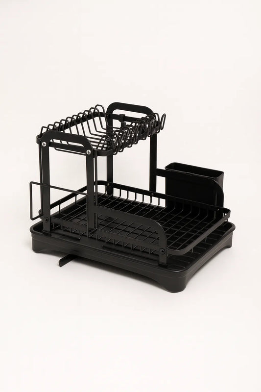 Black dish rack on a white background