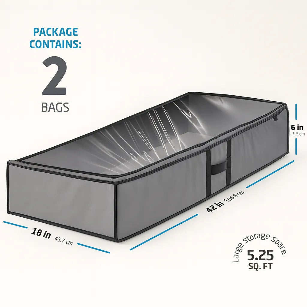 Underbed storage bag with dimensions and capacity details on a white background
