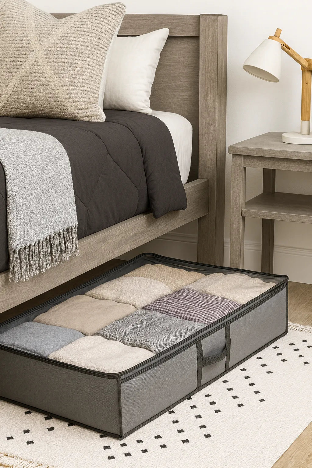 Bedroom with a bed and an open storage box underneath filled with blankets.