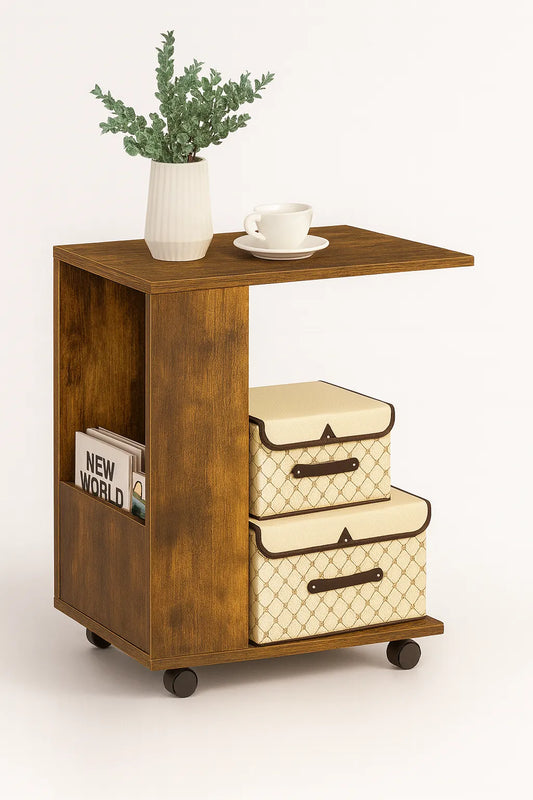 Wooden side table with storage drawers and a plant on a white background